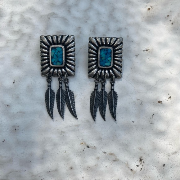 Signed Vintage Turquoise Silver Boho Feather Post Earrings - Picture 6 of 7